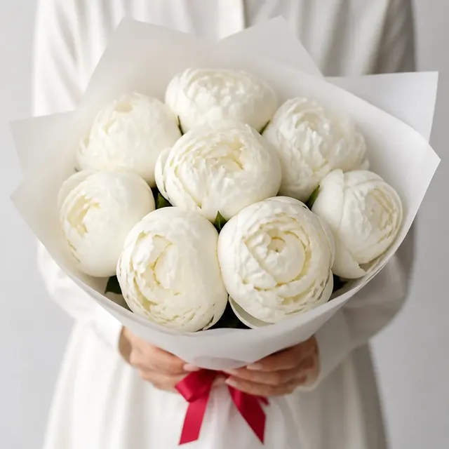 Букет из 9 белых пионов Duchesse de Nemours
