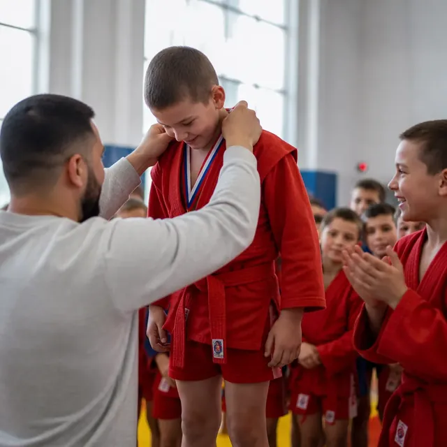 Юный самбист получает медаль на турнире