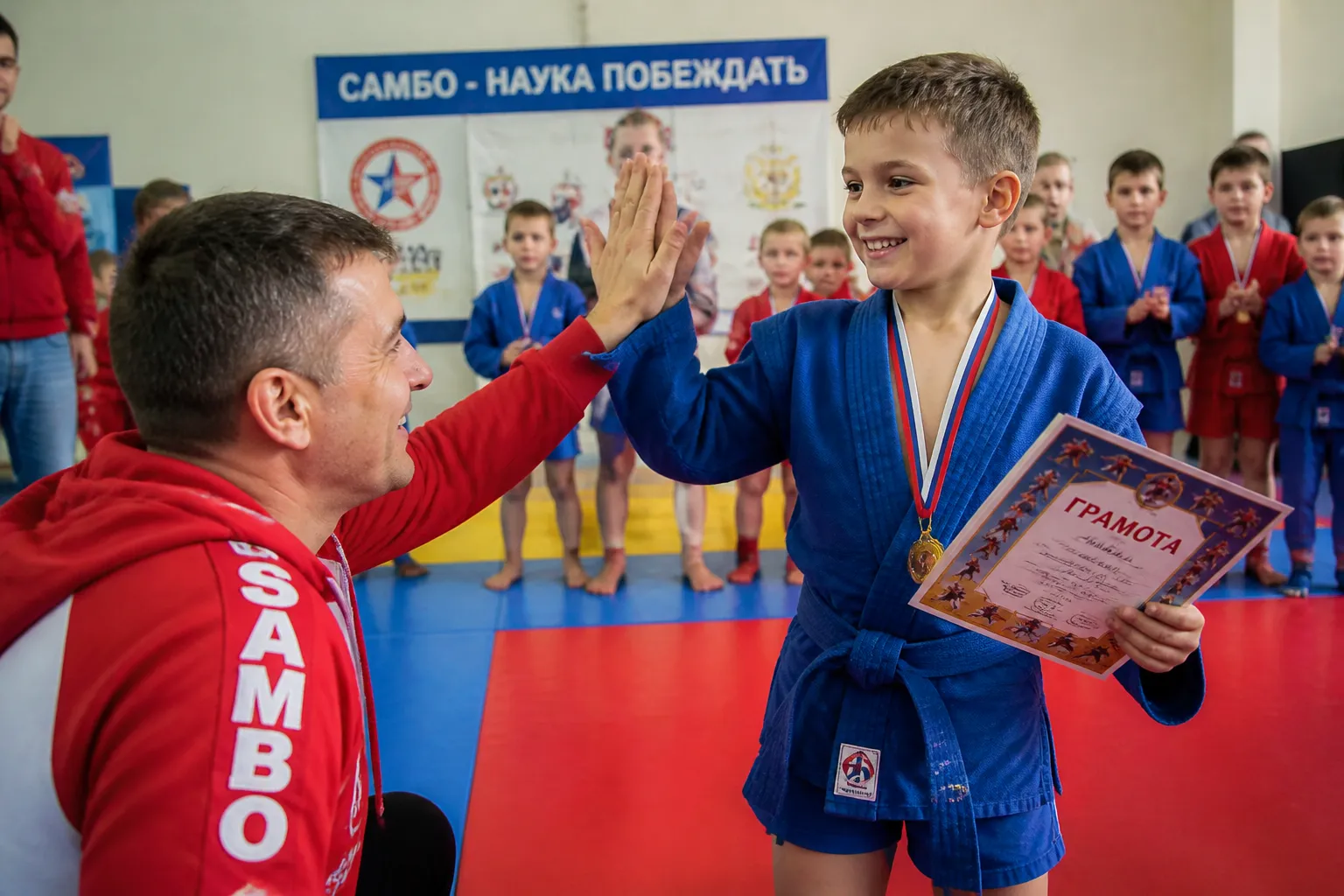 Дети на соревнованиях по самбо с наградами