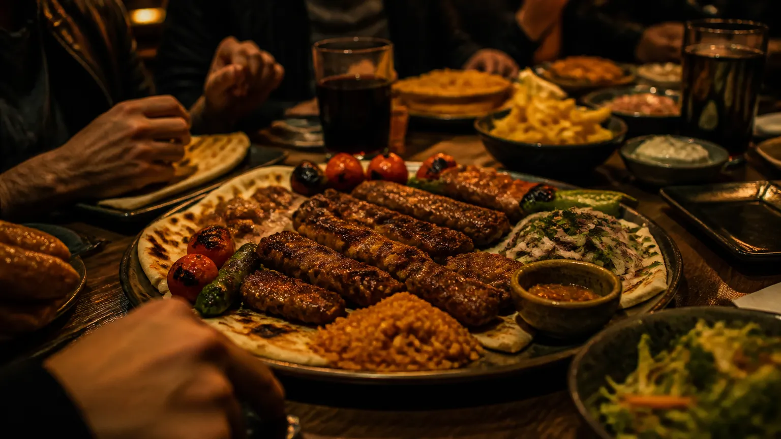Мясные сеты с гарнирами и соусами на общий стол
