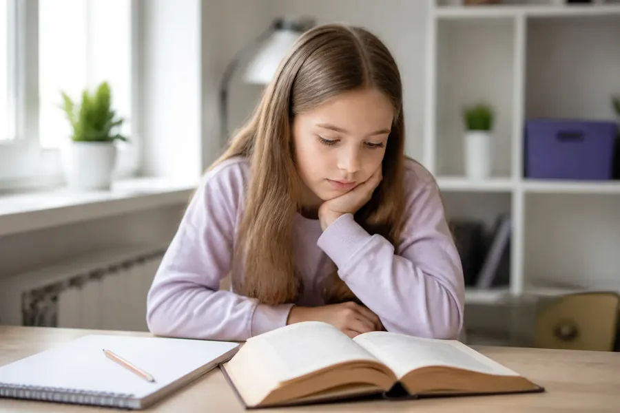 Ученица читает книгу на занятии по литературе
