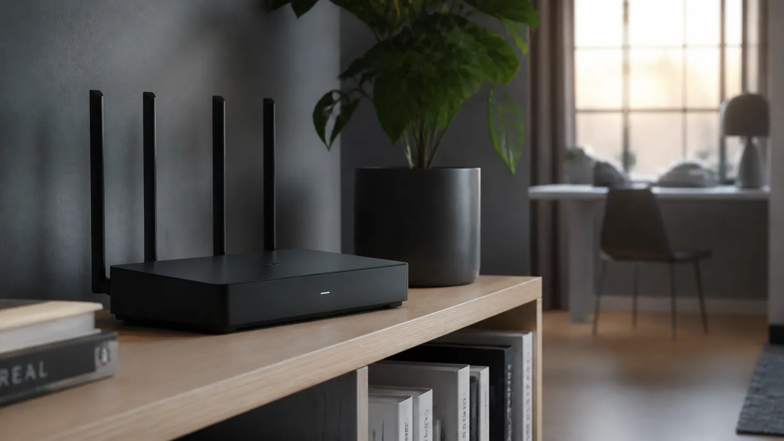 Современный Wi-Fi роутер в светлом домашнем интерьере