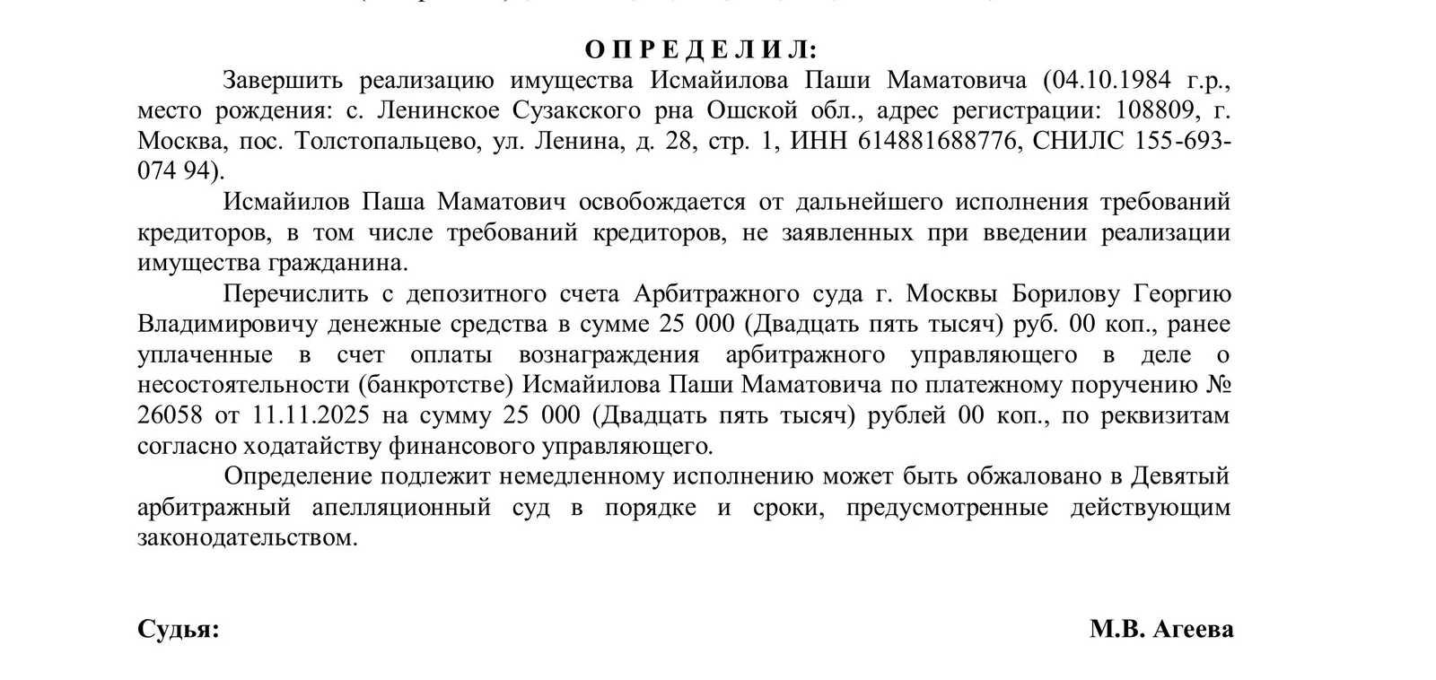 Определение суда о завершении процедуры банкротства