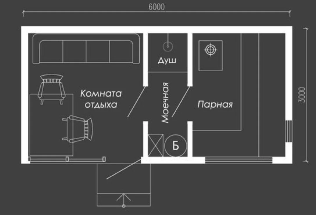 Баня «Пар и отдых» 25 м², вид сбоку с террасой