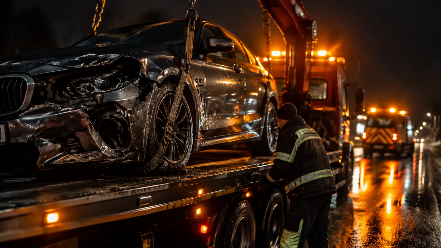 Погрузка поврежденного автомобиля после ДТП на эвакуатор