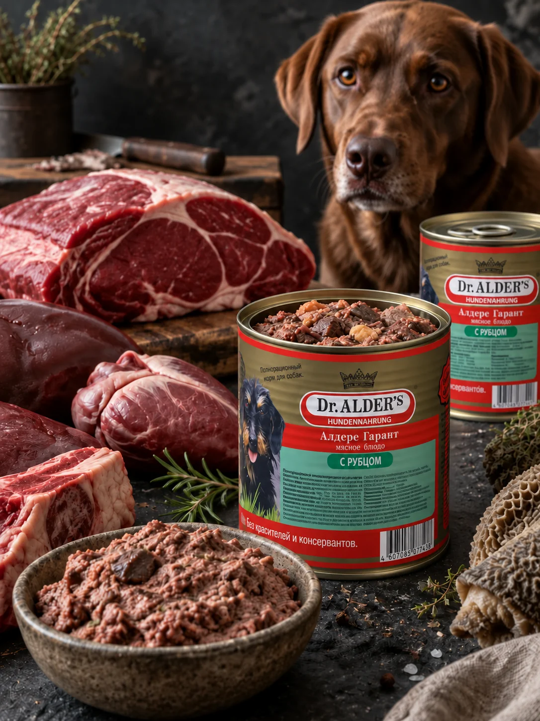 Натуральные мясные ингредиенты и плотная текстура корма Dr.Alders