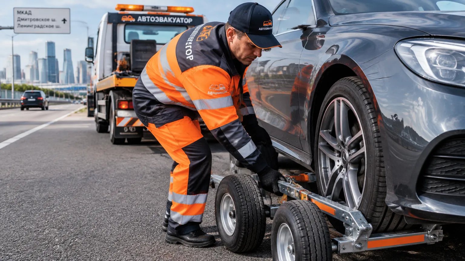 Погрузка автомобиля с заблокированными колесами на подкатные тележки