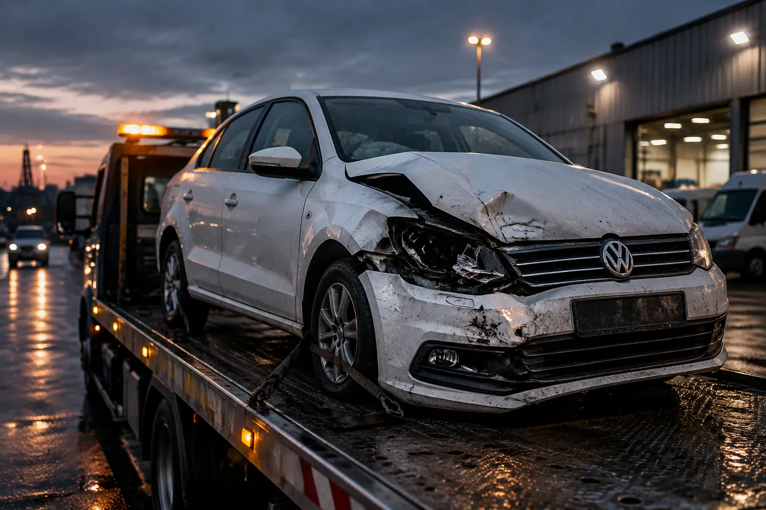 Volkswagen Polo 2017 года с кузовными повреждениями на эвакуаторе