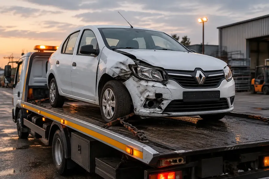 Renault Logan после ДТП на эвакуаторе