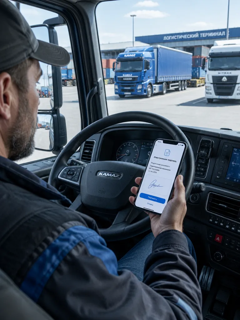 Водитель грузового транспорта подписывает электронную накладную на смартфоне в кабине тягача