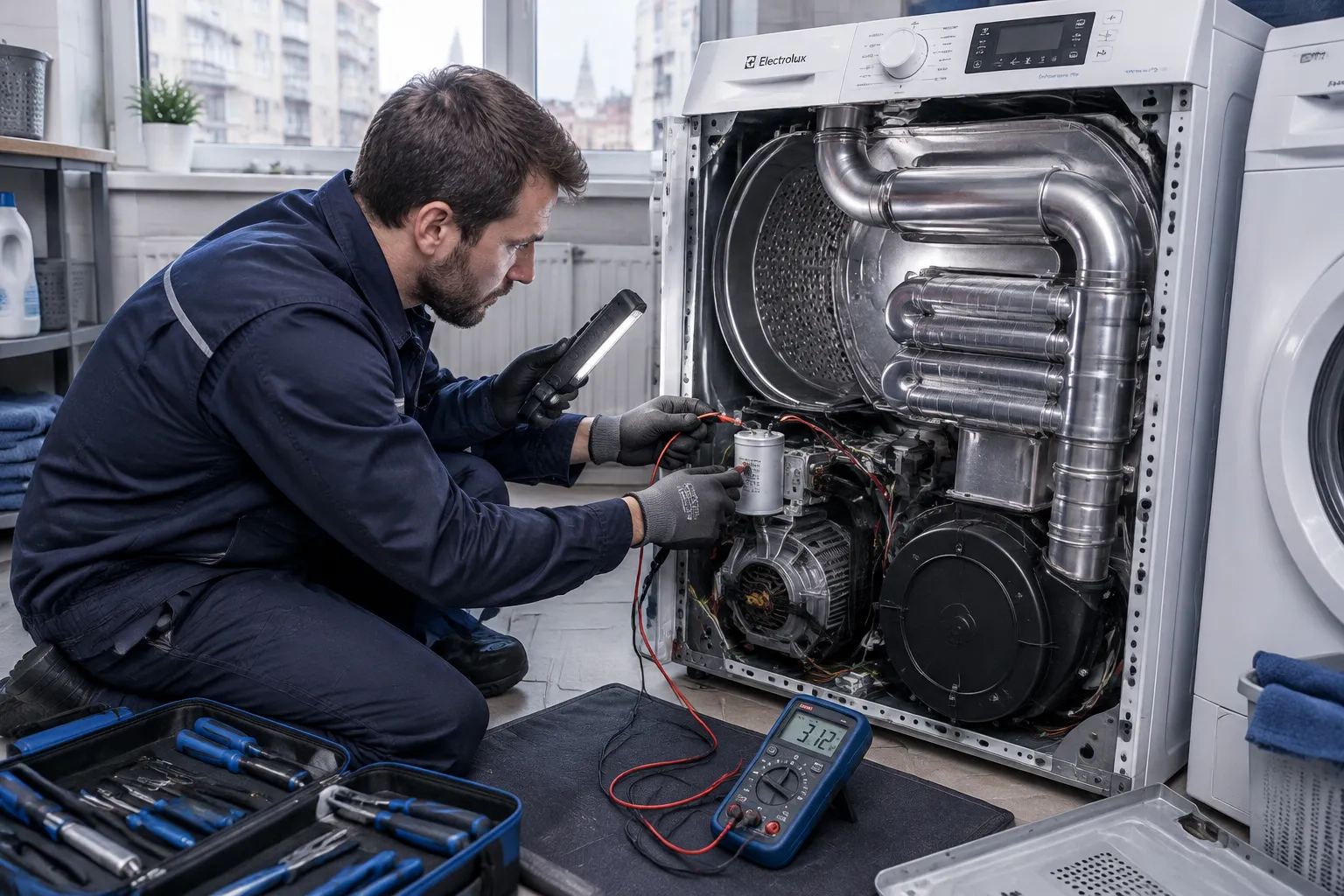 Замена пускового конденсатора и очистка воздуховодов сушильной машины Electrolux