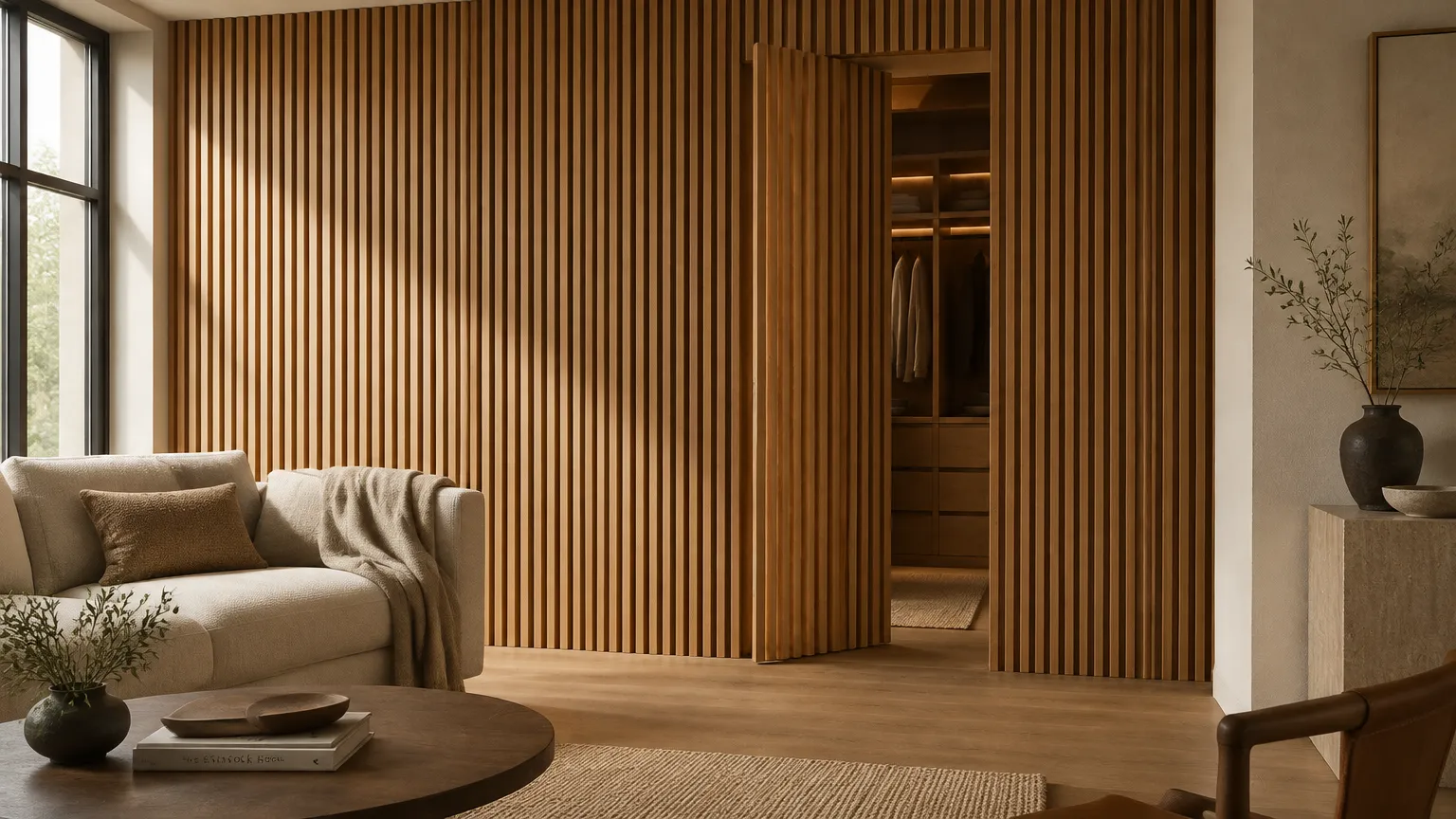 Реечные панели из дуба со скрытой потайной дверью в гостиной