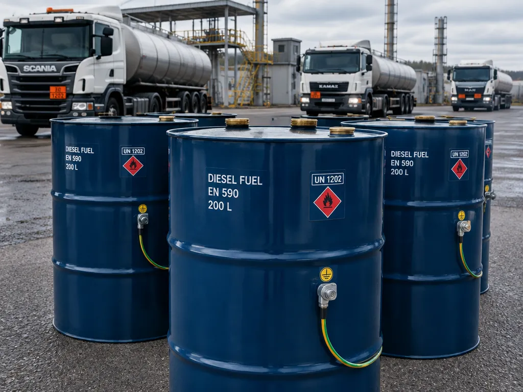 Металлические бочки 200 литров под нефтепродукты на производственной площадке