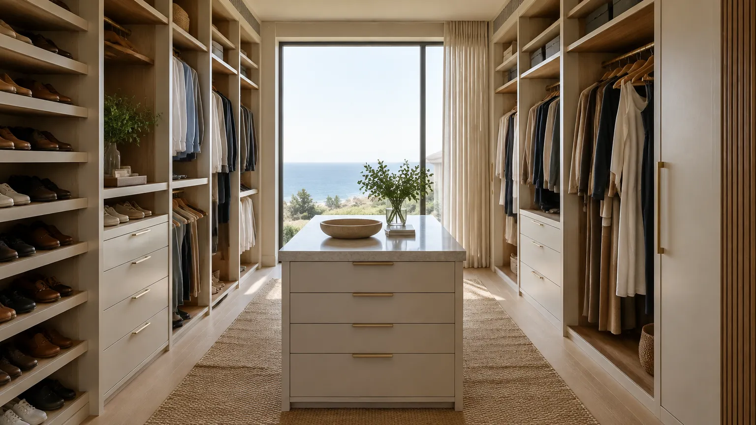 Встроенная гардеробная комната с полками точной высоты в загородном коттедже
