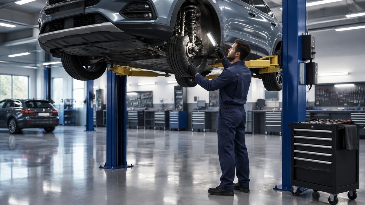 Чистая современная зона автосервиса с подъемником и профессиональным диагностическим постом