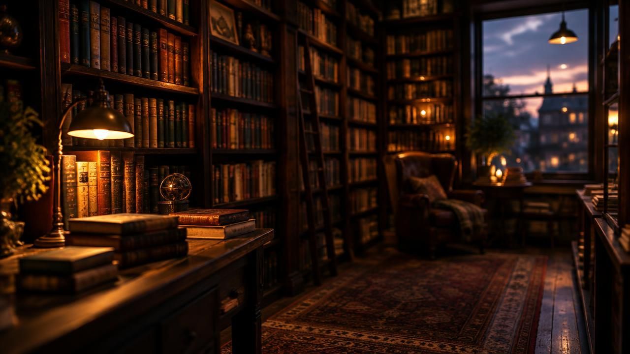 Тёплая книжная полка с редкими изданиями в вечернем свете