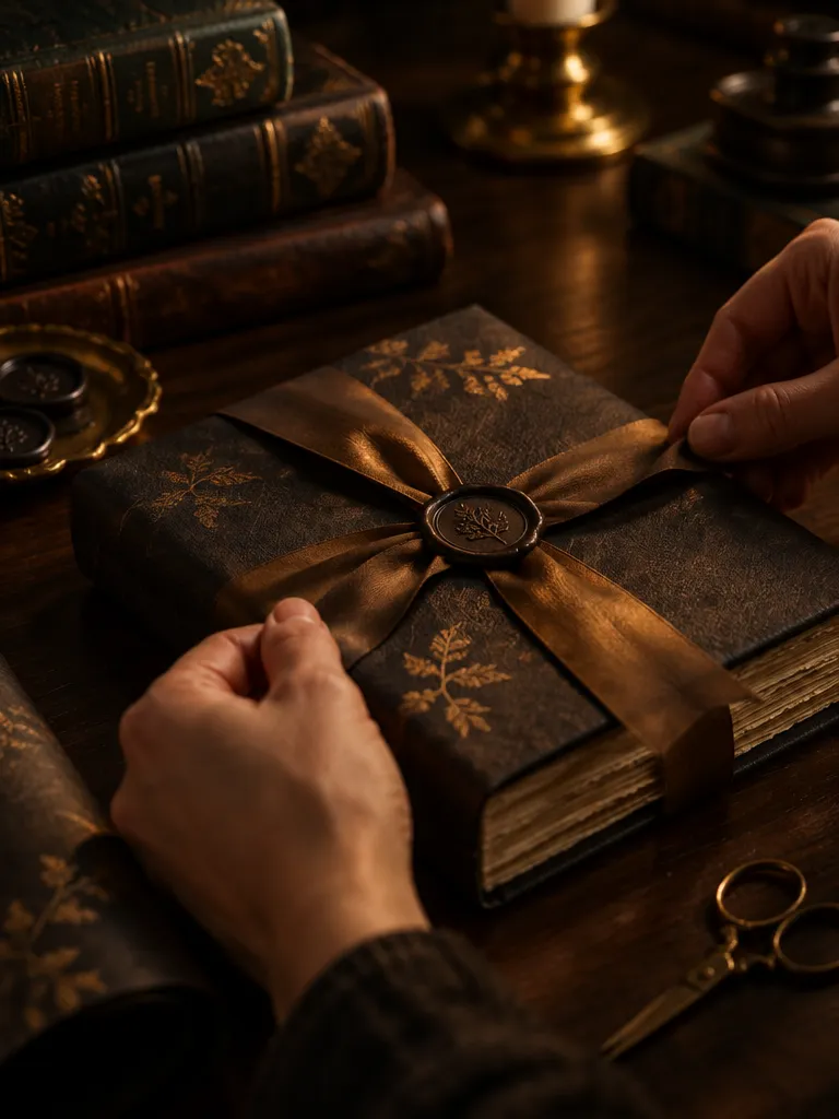 Ручная подарочная упаковка книги в крафтовую бумагу с тиснением и лентой