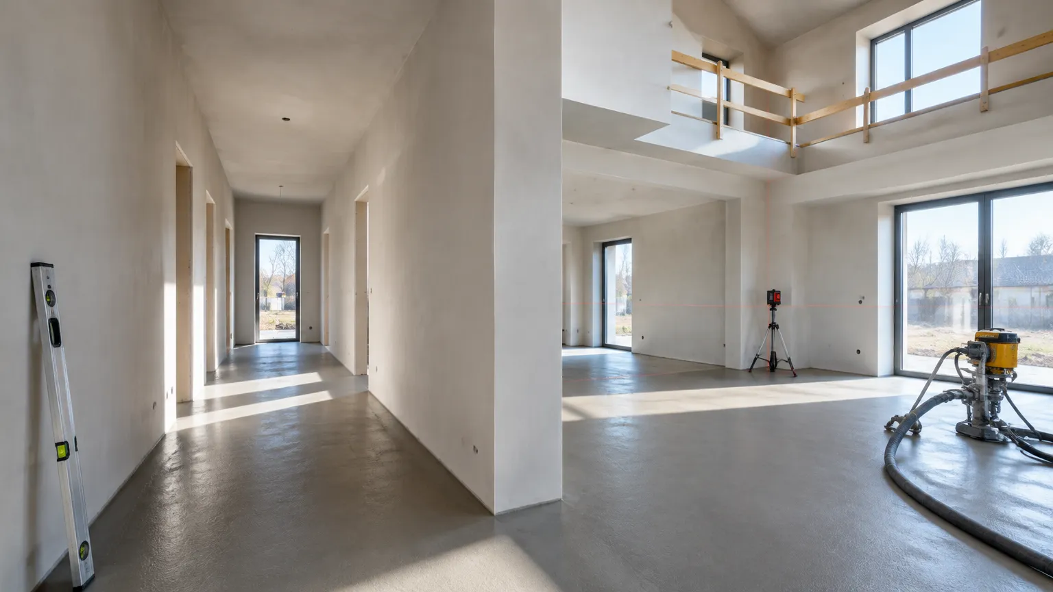 Штукатурка стен по маякам и стяжка пола в коттедже 240 м²