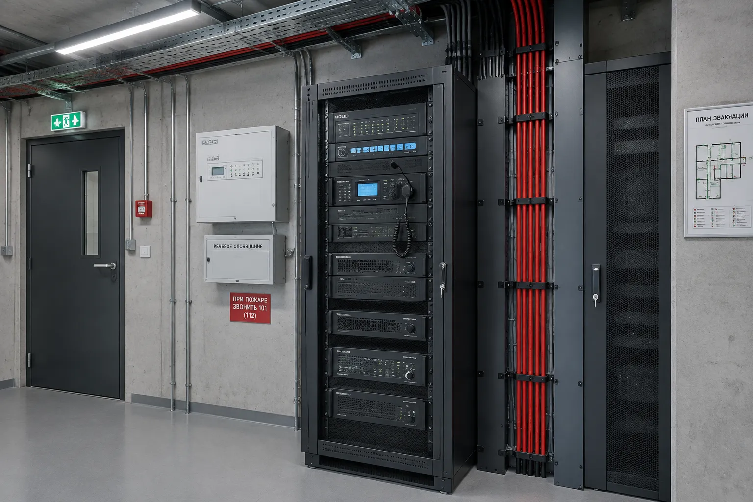 Система речевого оповещения и коммутационное оборудование в офисном центре