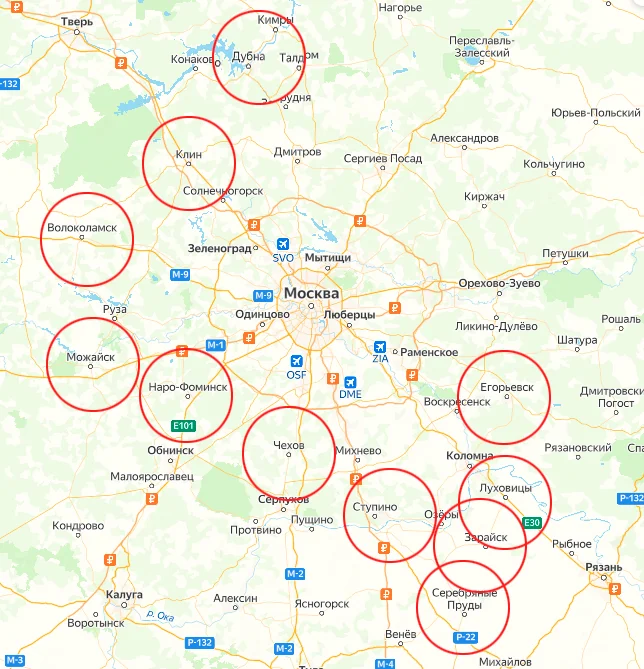 Карта Московской области с радиовышками в городах