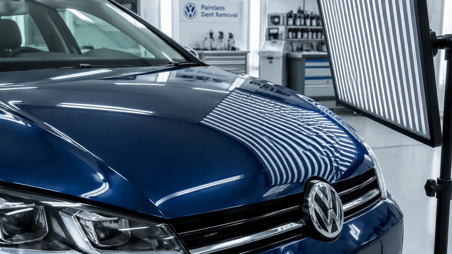 Удаление вмятин без покраски PDR на капоте хэтчбека Volkswagen Golf