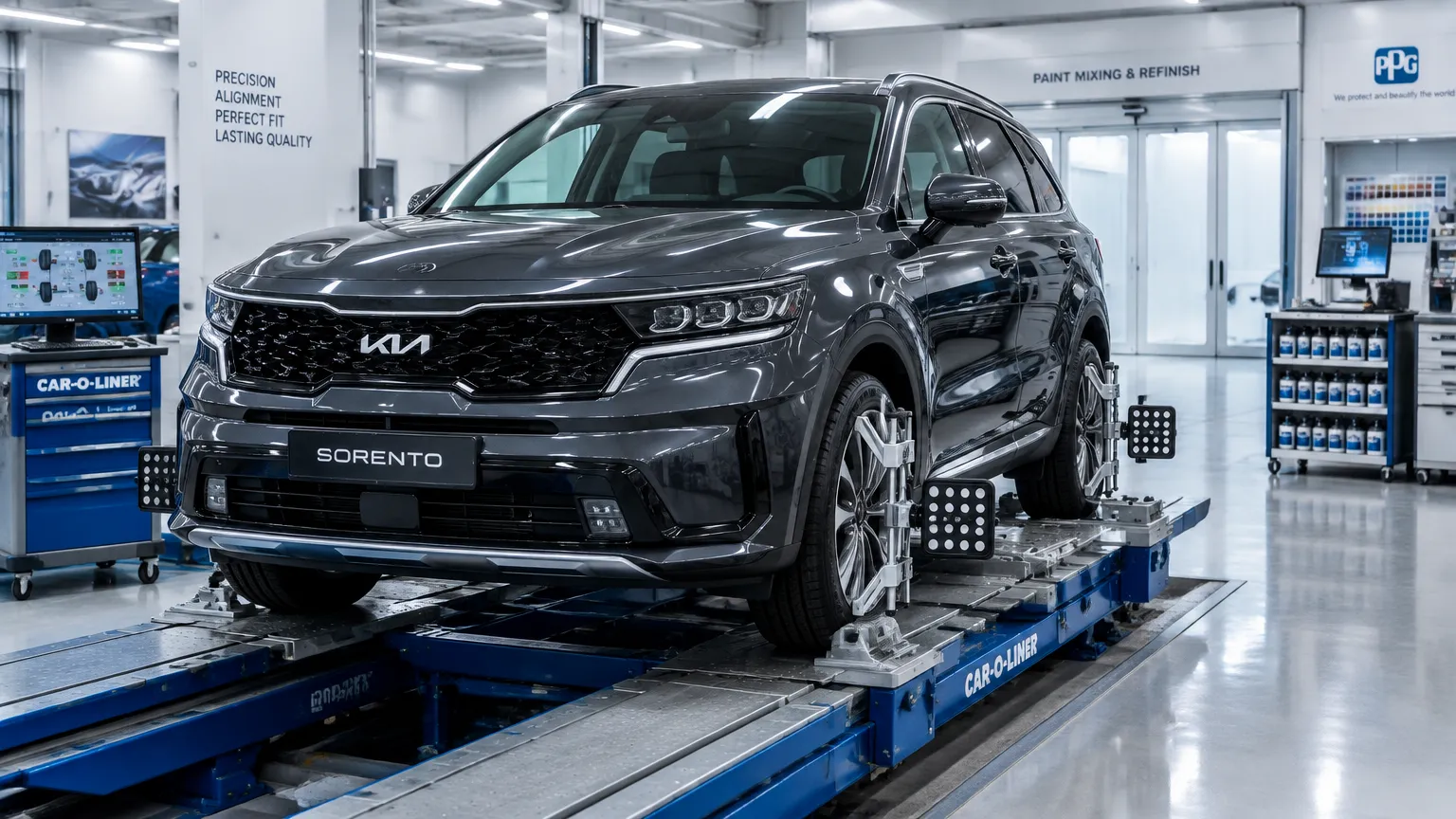Восстановление геометрии кузова внедорожника Kia Sorento на стапеле
