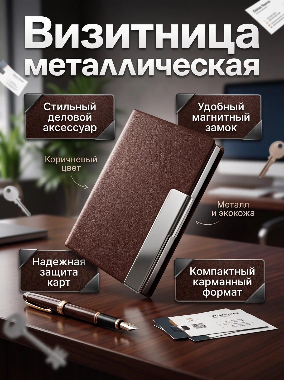 Визитница металлическая с магнитом