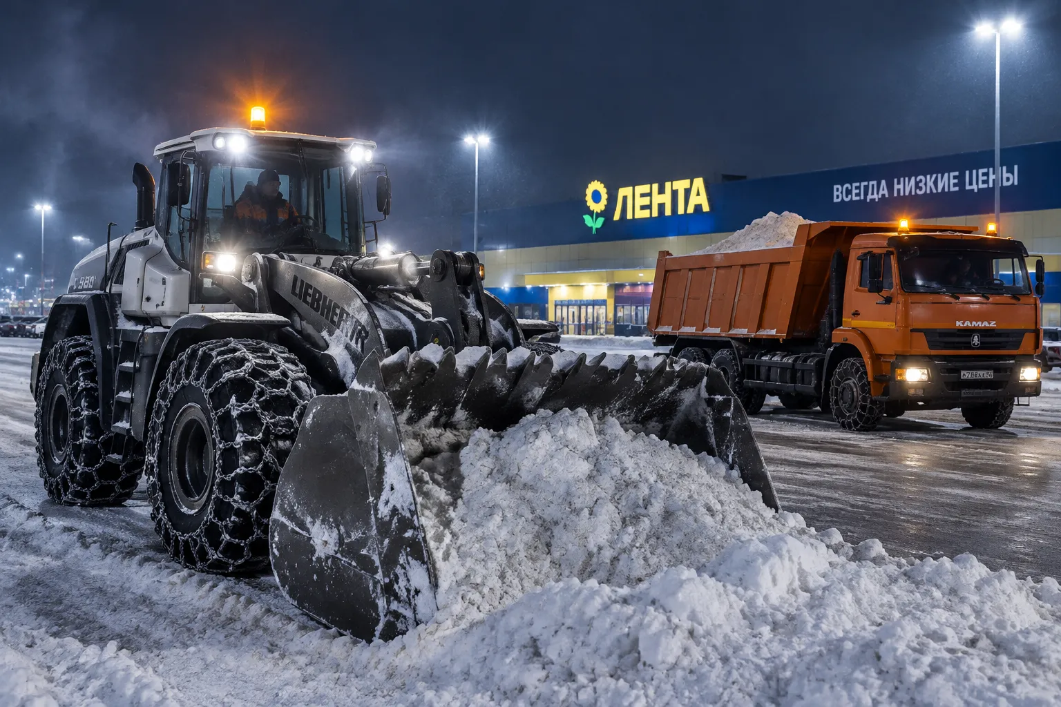 Ночная механизированная расчистка парковки гипермаркета в Сургуте