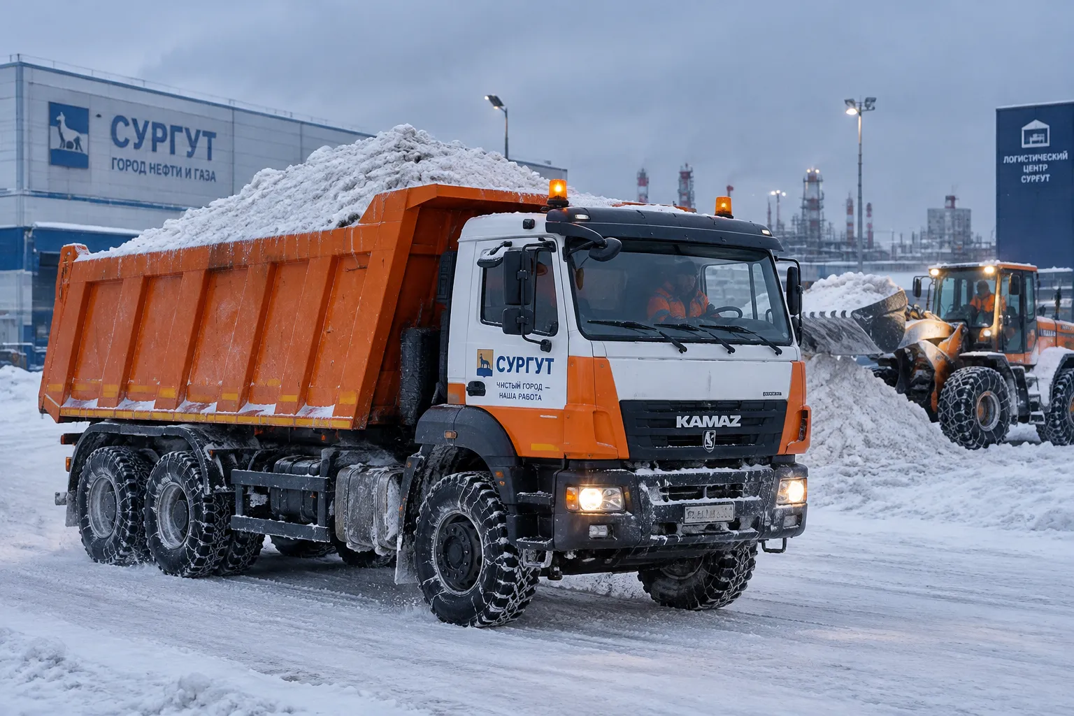 Самосвалы 15–20 м³ грузоподъёмностью 15–25 т для вывоза снега на полигон