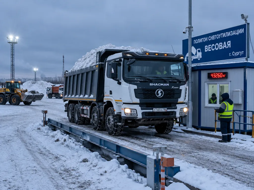 Самосвал на весовом контроле полигона утилизации снега в Сургуте