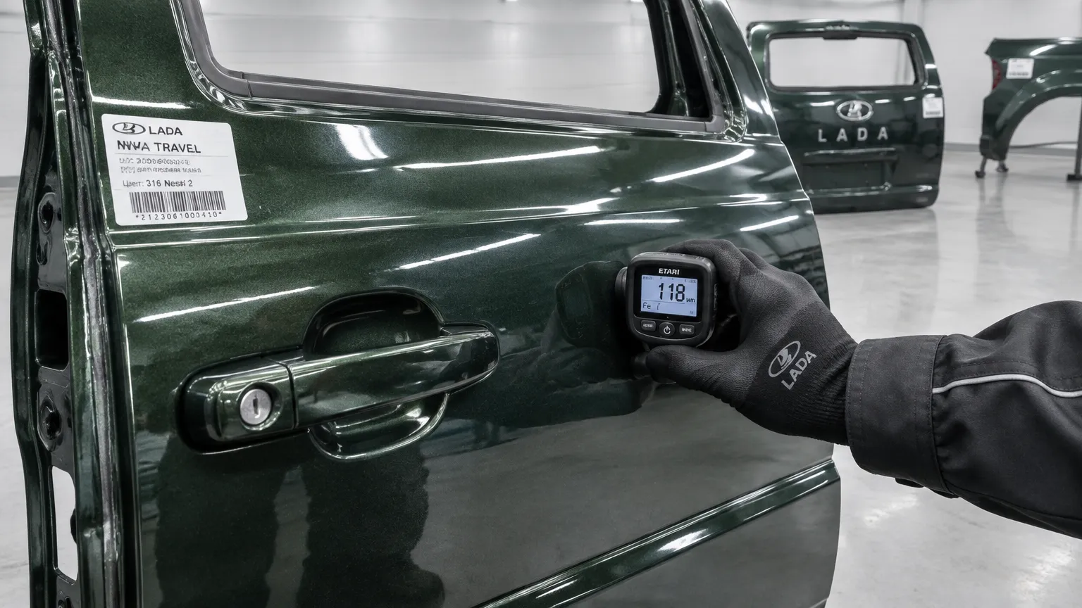 Контроль лакокрасочного покрытия кузовной детали Lada Niva Travel в заводском цвете Несси 2 перед отправкой
