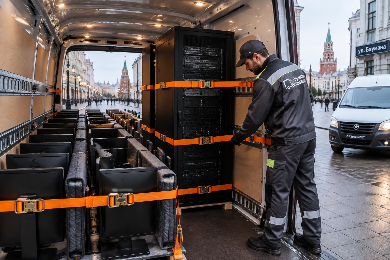 Компьютерная техника и серверное оборудование зафиксированы ремнями в кузове Газели на улице Баумана
