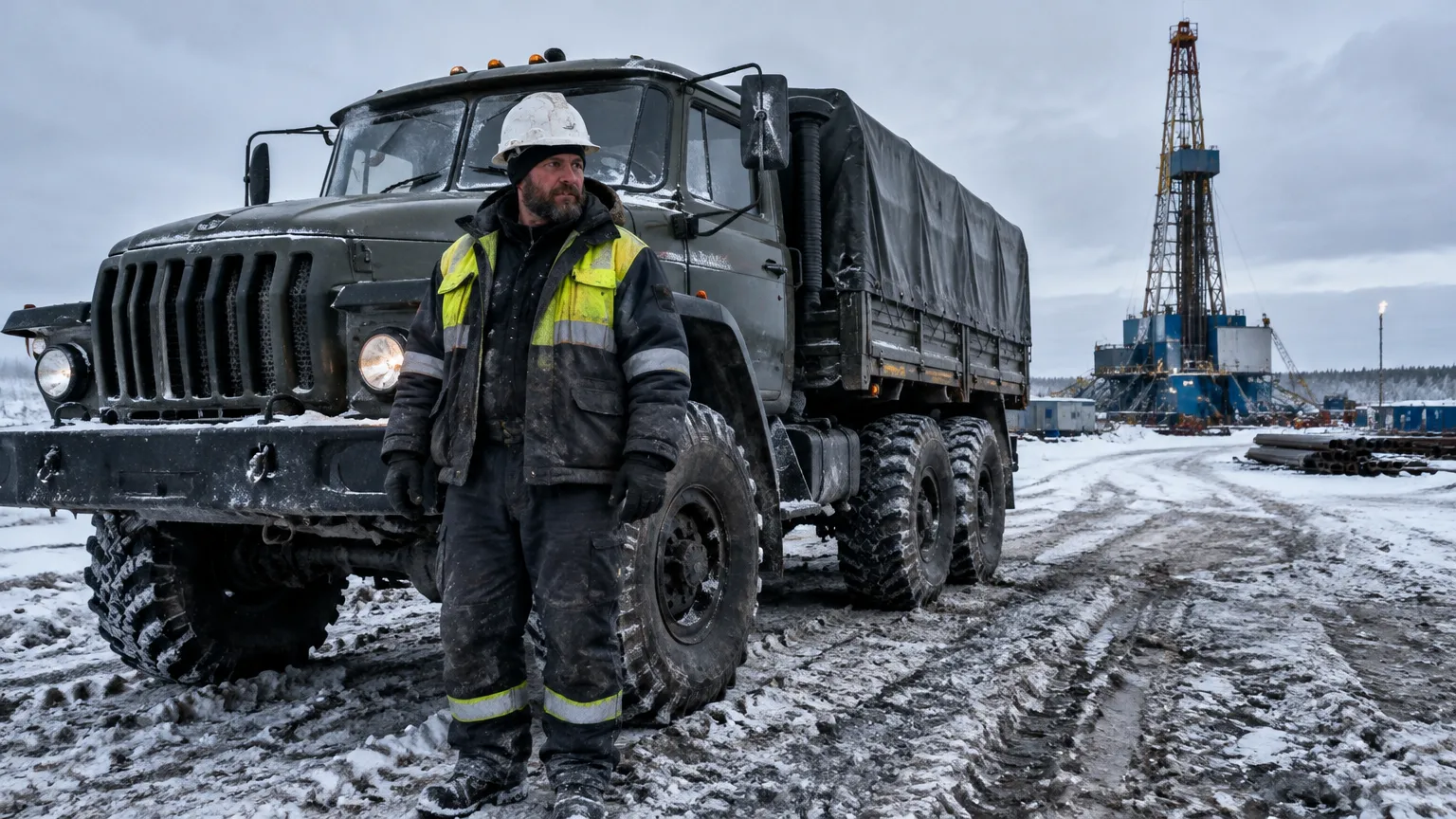 Водитель тяжелой техники перед рейсом на промысловом объекте в условиях Крайнего Севера