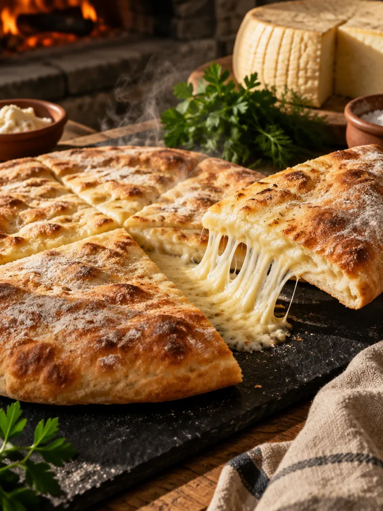 Свежеиспеченный осетинский пирог с тянущимся сыром
