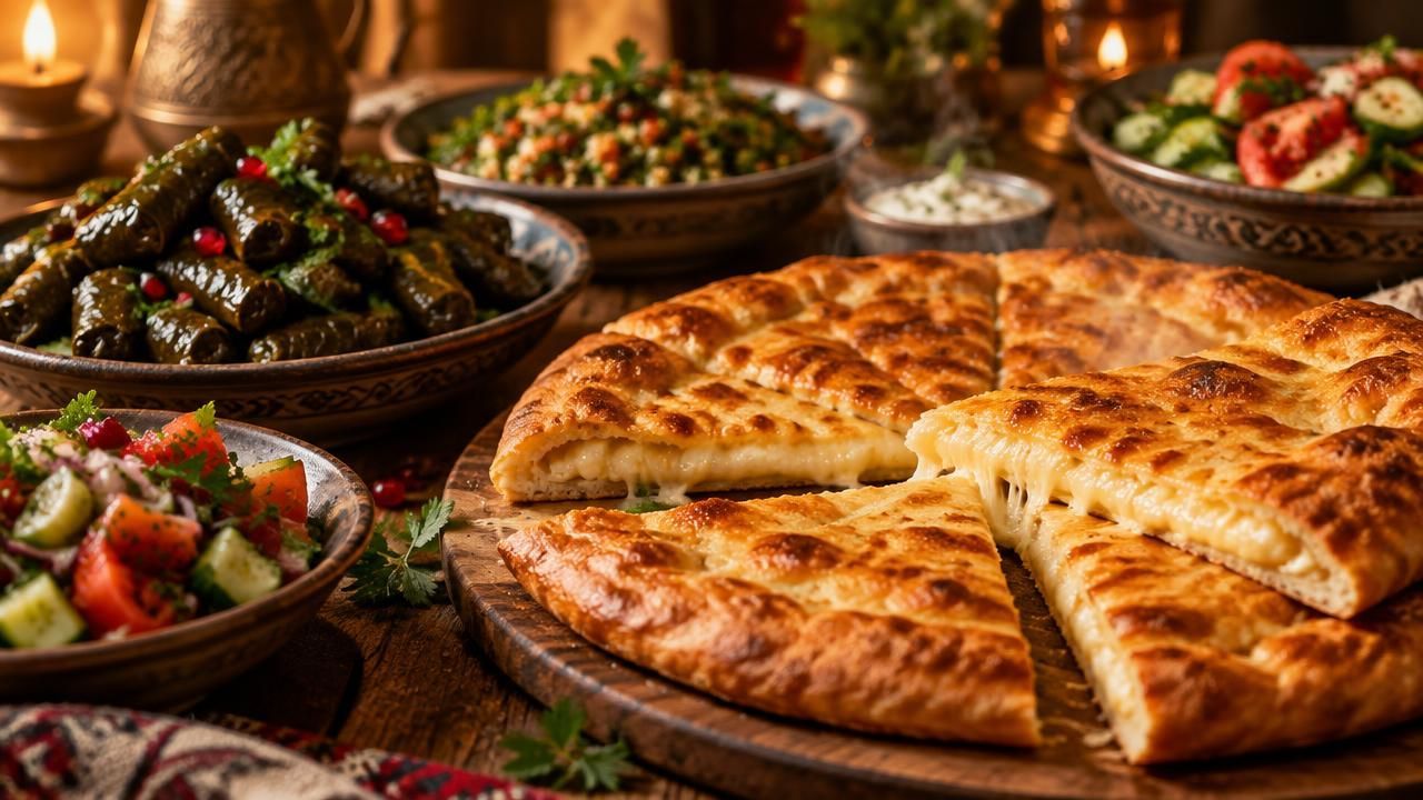 Свежеиспеченный осетинский пирог с тянущимся сыром и золотистой корочкой из печи