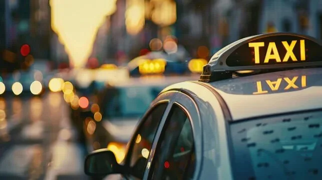 Современный автомобиль такси на вечерней улице